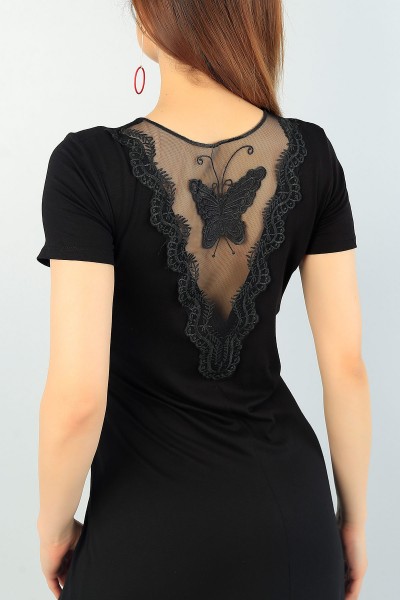 Siyah Sırt Dantel İşlemeli Elbise 61722