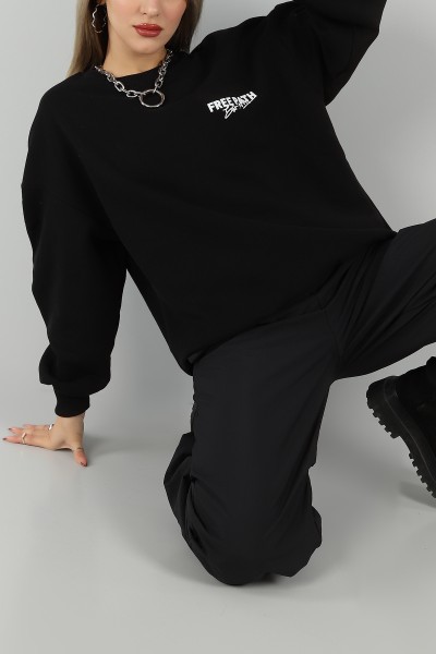 Siyah Sırtı Baskı Şardonlu Sweat 144428