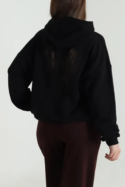 Siyah Sırtı Dantelli Şardonsuz Üç İp Kadın Sweat 494397