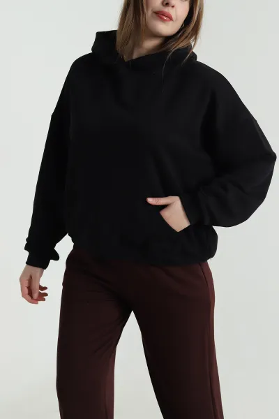 Siyah Sırtı Dantelli Şardonsuz Üç İp Kadın Sweat 494397