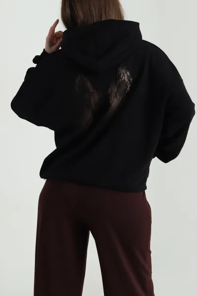Siyah Sırtı Dantelli Şardonsuz Üç İp Kadın Sweat 494397
