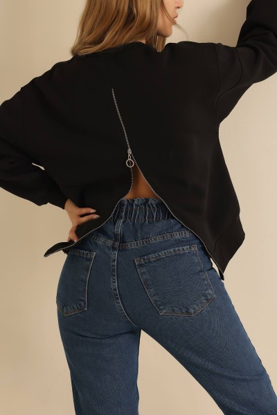 Siyah Sırtı Fermuarlı Şardonlu Sweat 216648