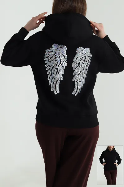 Siyah Sırtı Pul İşlemeli Şardonlu Kadın Fermuarsız Sweat 494468