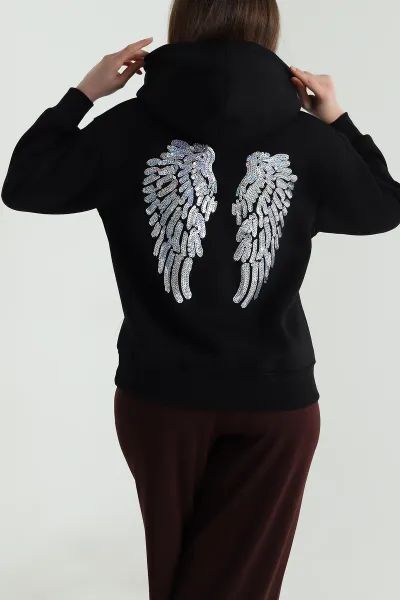 Siyah Sırtı Pul İşlemeli Şardonlu Kadın Fermuarsız Sweat 494468