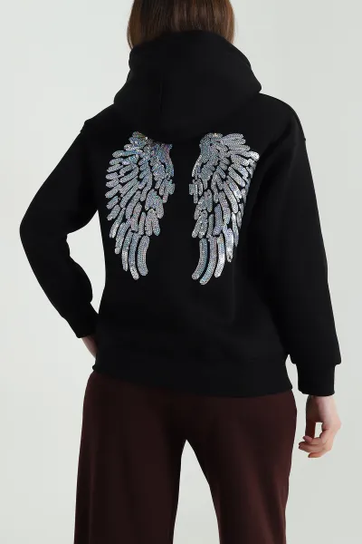 Siyah Sırtı Pul İşlemeli Şardonlu Kadın Fermuarsız Sweat 494468