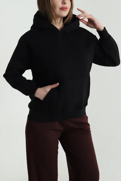 Siyah Sırtı Pul İşlemeli Şardonlu Kadın Fermuarsız Sweat 494468