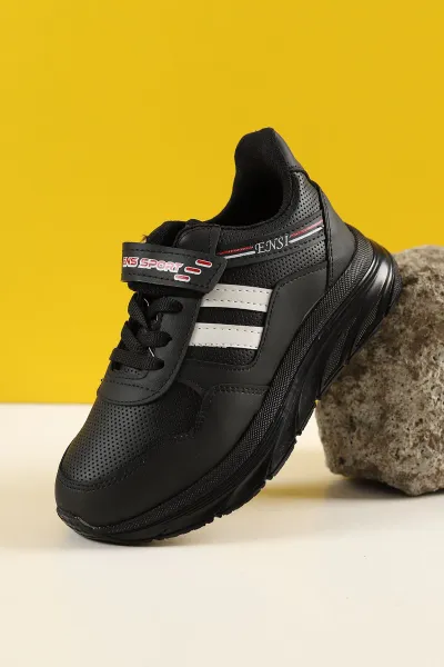 Siyah Siyah (31-35 Filet) Çizgili Kalın Taban Cırtlı Erkek Çocuk Spor Ayakkabı 227993