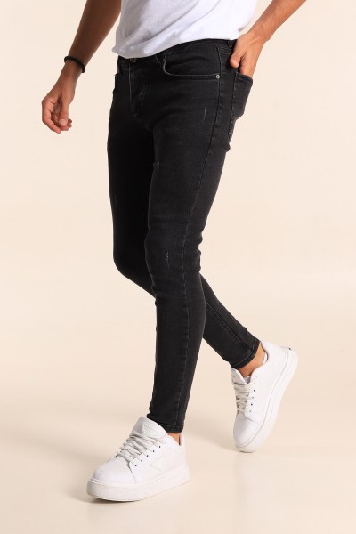 Siyah Skinny Fit Likralı Taşlama Detaylı Erkek Kot Pantolon 194706