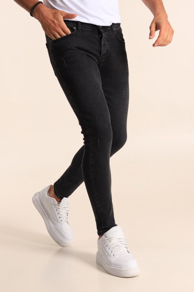 Siyah Skinny Fit Likralı Taşlama Detaylı Erkek Kot Pantolon 194706
