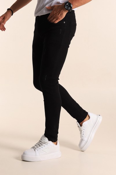 Siyah Skinny Fit Likralı Taşlama Detaylı Erkek Kot Pantolon 194710