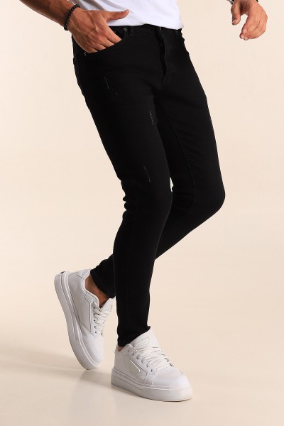 Siyah Skinny Fit Likralı Taşlama Detaylı Erkek Kot Pantolon 194710