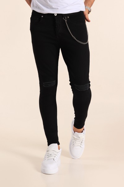 Siyah Skinny Fit Likralı Yırtık Zincir Detay Erkek Kot Pantolon 190418