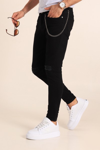 Siyah Skinny Fit Likralı Yırtık Zincir Detay Erkek Kot Pantolon 190418