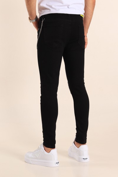 Siyah Skinny Fit Likralı Yırtık Zincir Detay Erkek Kot Pantolon 190418