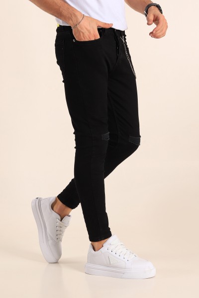 Siyah Skinny Fit Likralı Yırtık Zincir Detay Erkek Kot Pantolon 190418