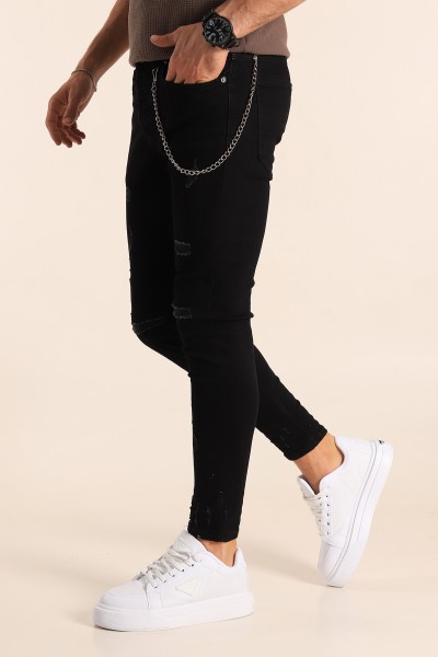 Siyah Skinny Fit Likralı Yırtık Zincir Detay Erkek Kot Pantolon 190419