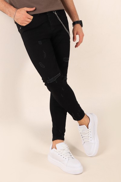 Siyah Skinny Fit Likralı Yırtık Zincir Detay Erkek Kot Pantolon 190419