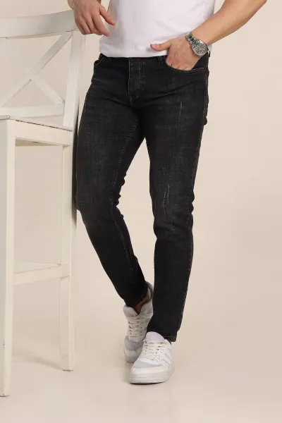 Siyah Skinny Fit Yıkamalı Taşlama Detaylı Erkek Kot Pantolon 354463