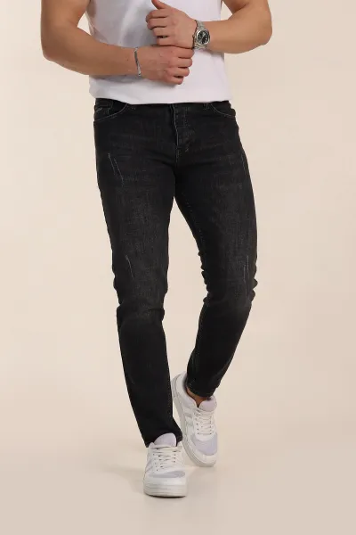 Siyah Skinny Fit Yıkamalı Taşlama Detaylı Erkek Kot Pantolon 354463