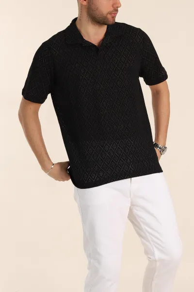 Siyah Slim Fit Ajurlu Polo Yaka Kısa Kollu Erkek Triko Tişört 338958