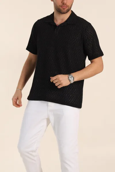 Siyah Slim Fit Ajurlu Polo Yaka Kısa Kollu Erkek Triko Tişört 338958