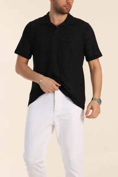 Siyah Slim Fit Ajurlu Polo Yaka Kısa Kollu Erkek Triko Tişört 338958