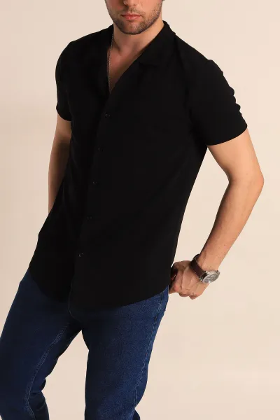 Siyah Slim Fit Apaş Yaka Erkek Krep Gömlek 260927