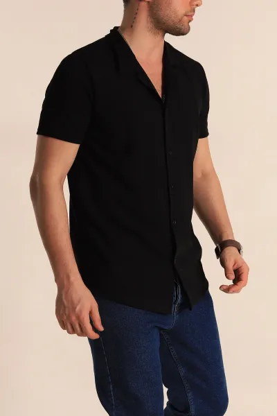 Siyah Slim Fit Apaş Yaka Erkek Krep Gömlek 260927