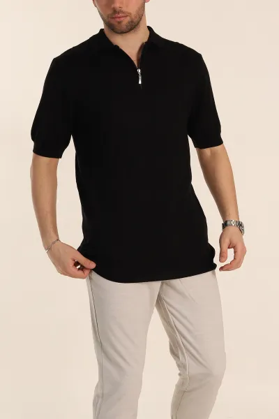 Siyah Slim Fit Baklava Desenli Polo Yaka Kısa Kollu Erkek Triko Tişört 338901