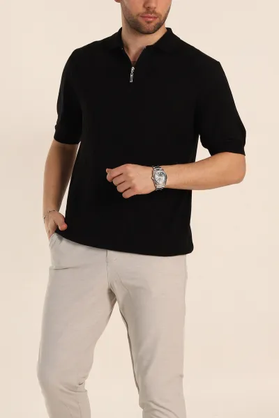 Siyah Slim Fit Baklava Desenli Polo Yaka Kısa Kollu Erkek Triko Tişört 338901