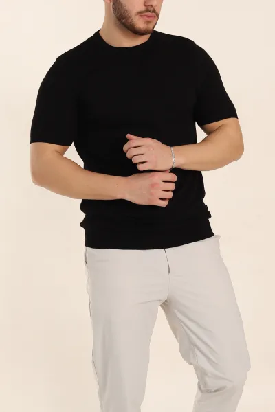 Siyah Slim Fit Basic Kısa Kollu Triko Tişört 338593