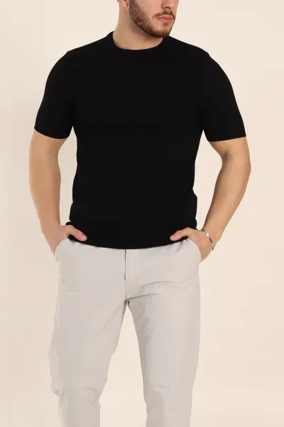 Siyah Slim Fit Basic Kısa Kollu Triko Tişört 338593