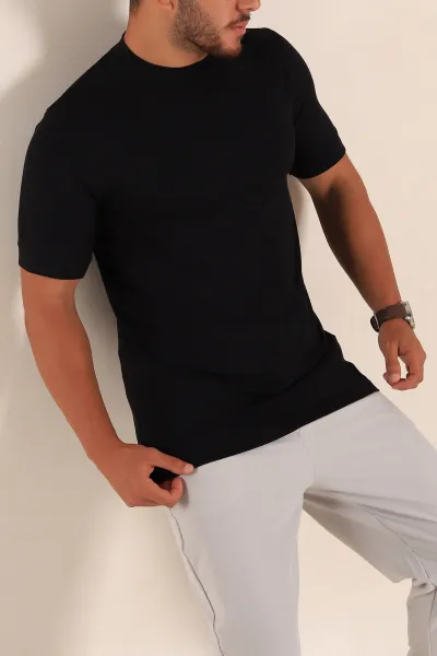 Siyah Slim Fit Basic Likralı Erkek Tişört 268490