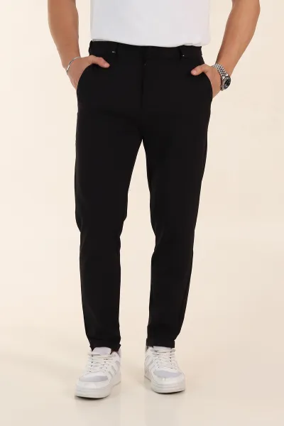 Siyah Slim Fit Bel Arkası Lastikli Duble Paça Erkek Yazlık Kumaş Pantolon 365845