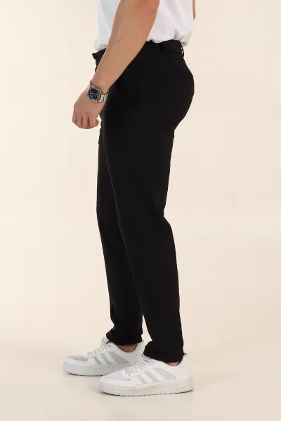 Siyah Slim Fit Bel Arkası Lastikli Duble Paça Erkek Yazlık Kumaş Pantolon 365845