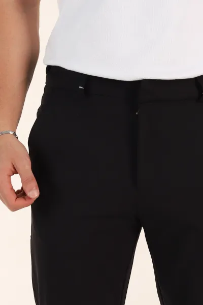 Siyah Slim Fit Bel Arkası Lastikli Duble Paça Erkek Yazlık Kumaş Pantolon 365845