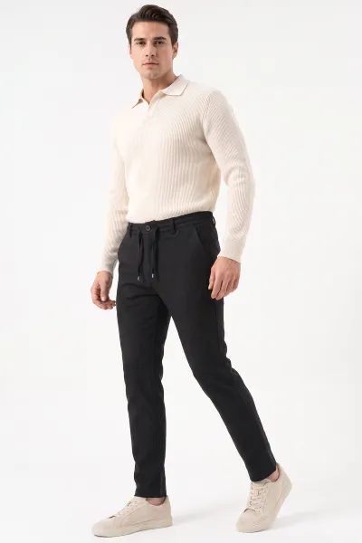 Siyah Slim Fit Belden Bağlamalı Erkek Pantolon 493196