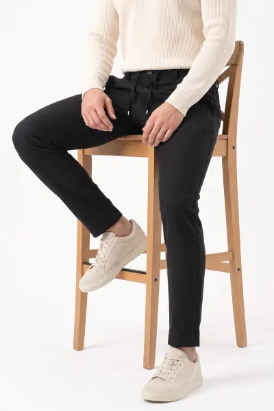 Siyah Slim Fit Belden Bağlamalı Erkek Pantolon 493196