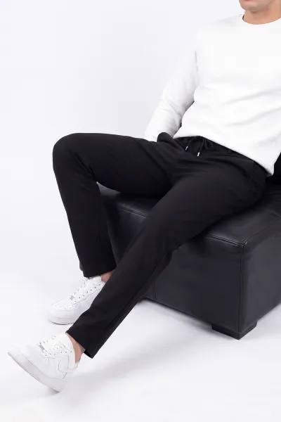 Siyah Slim Fit Belden Bağlamalı Erkek Pantolon 493277