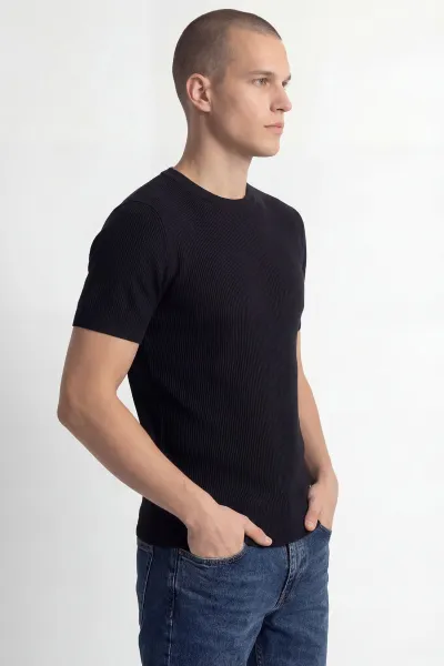 Siyah Slim Fit Bisiklet Yaka Triko Erkek Tişört 449041