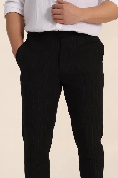 Siyah Slim Fit Çizgili Gofre Kumaş Erkek Pantolon 351862