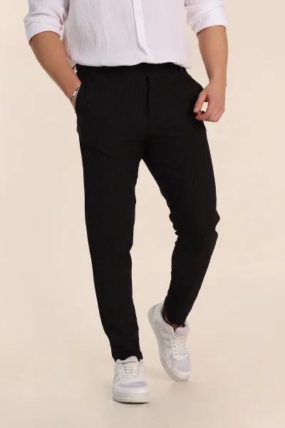 Siyah Slim Fit Çizgili Gofre Kumaş Erkek Pantolon 351862