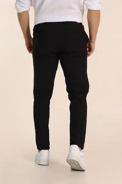 Siyah Slim Fit Çizgili Gofre Kumaş Erkek Pantolon 351862