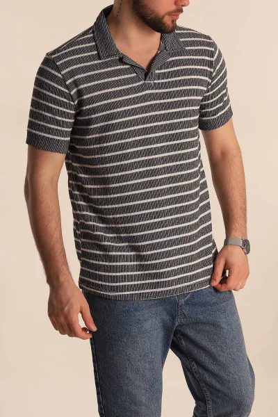 Siyah Slim Fit Çizgili Polo Yaka Erkek Tişört 276012