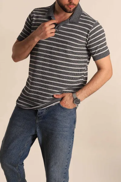 Siyah Slim Fit Çizgili Polo Yaka Erkek Tişört 276012