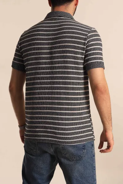 Siyah Slim Fit Çizgili Polo Yaka Erkek Tişört 276012