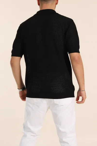 Siyah Slim Fit Delikli Patlı Polo Yaka Kısa Kollu Erkek Triko Tişört 338908