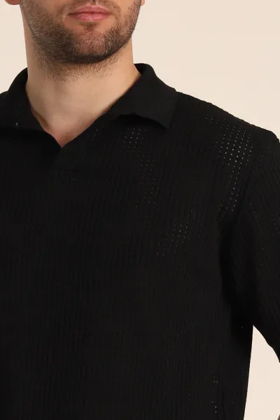 Siyah Slim Fit Delikli Patlı Polo Yaka Kısa Kollu Erkek Triko Tişört 338908