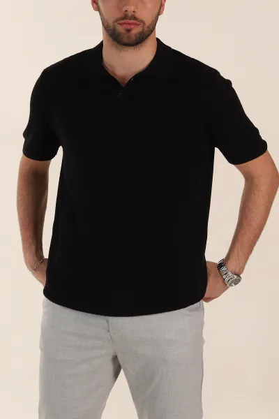 Siyah Slim Fit Desenli Düğmeli Polo Yaka Erkek Tişört 358316