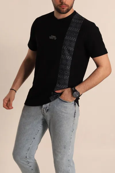 Siyah Slim fit Desenli Yazı Detay Erkek Tişört 268626